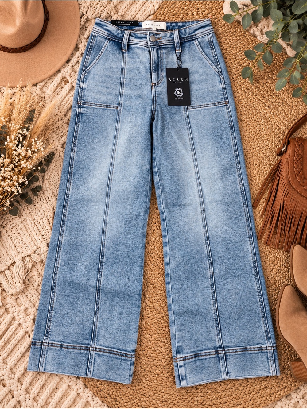 New RISEN High-Rise Cropped Wide-Leg Pintuck Jeans Light Wash Size 3/26